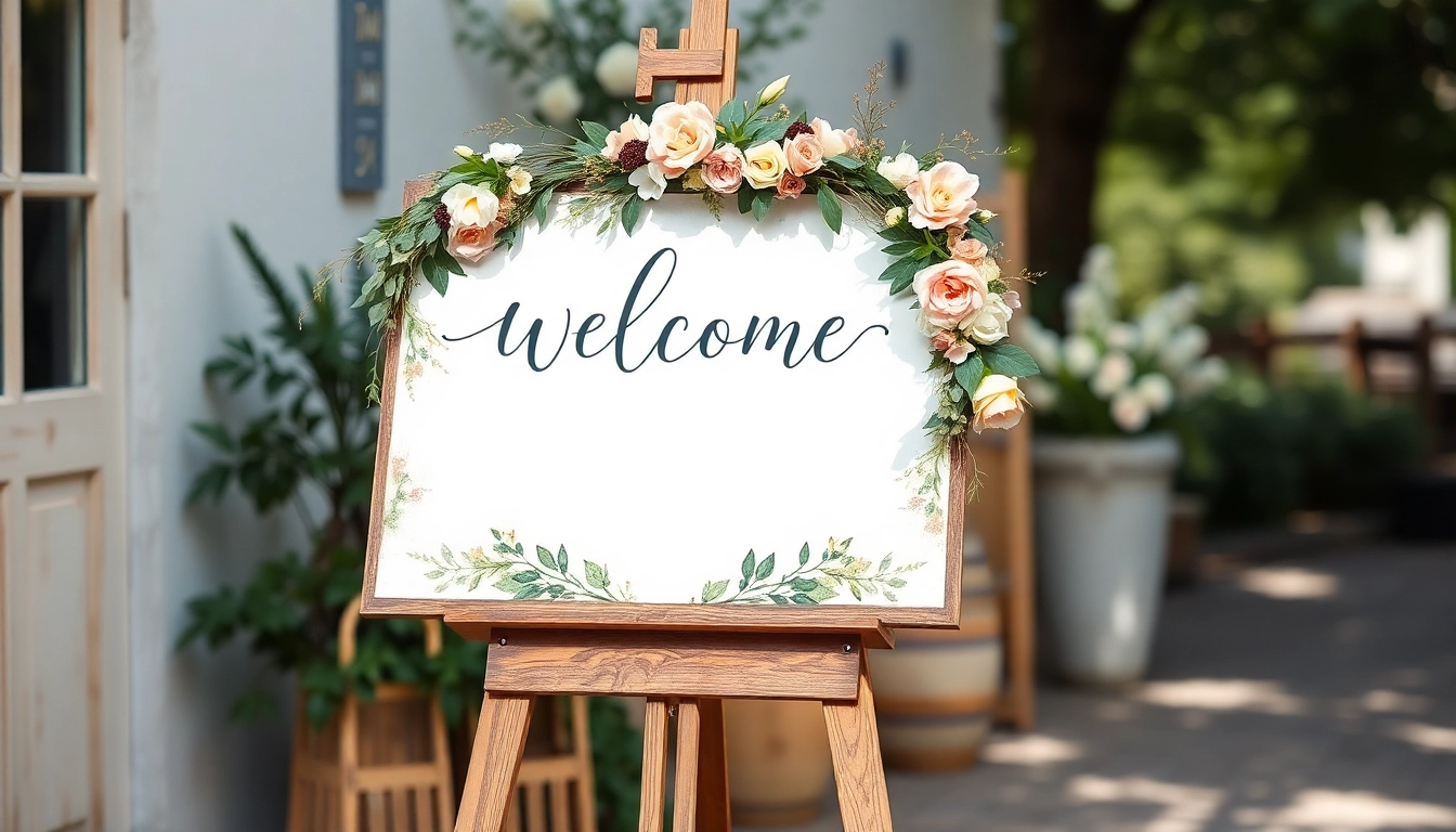 Beautiful wedding welcome sign with personalized calligraphy and floral decor, perfect for guest greeting.