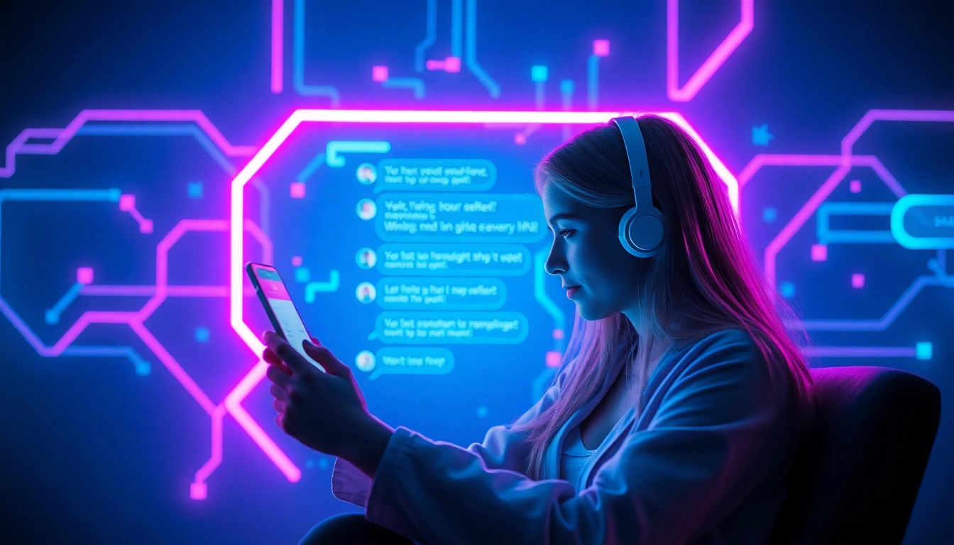 Futuristic AI chat interface with a user interacting with a chatbot.