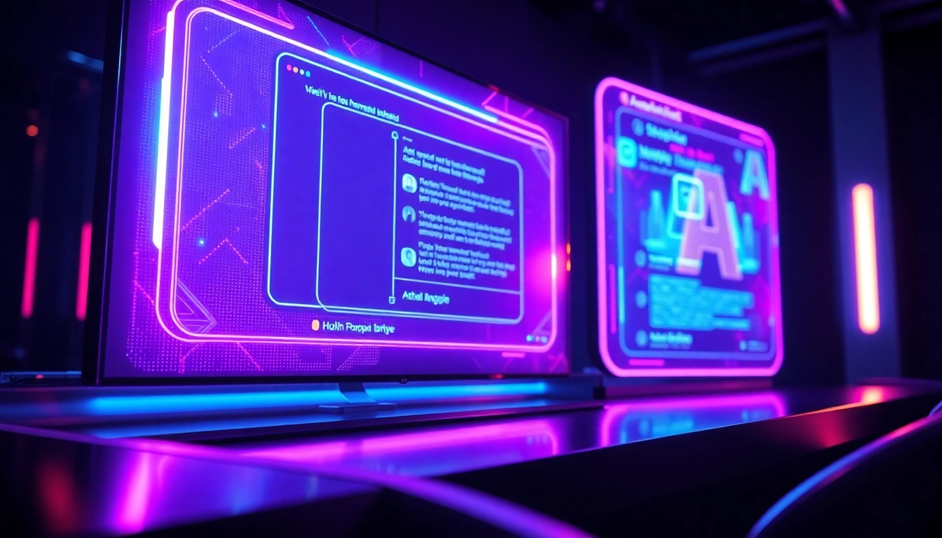 Futuristic AI chat interface with neon colors in a dimly lit room