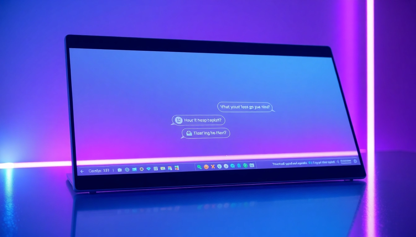 Futuristic digital chat interface with neon accents and AI conversation bubbles