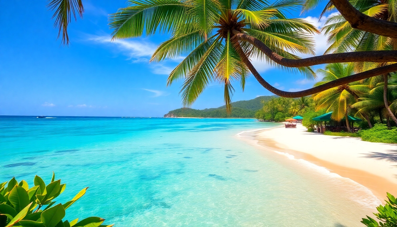 Beautiful Lombok beach with best tropical scenery, turquoise waters, and lush green hills in bright sunlight.