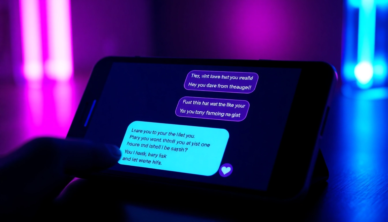 Close-up of a digital chat screen with flirtatious AI conversation in neon colors.