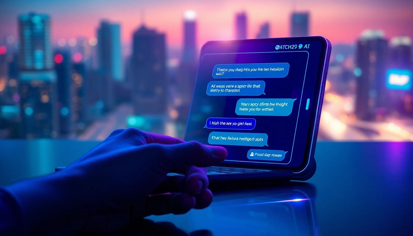 Illustration of a futuristic chatbot interface with neon accents and a cityscape background, showing an engaging conversation about AI interactions.