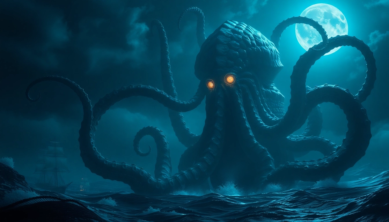 Kraken depicting a giant tentacled sea monster gripping a ship in dark ocean depths,