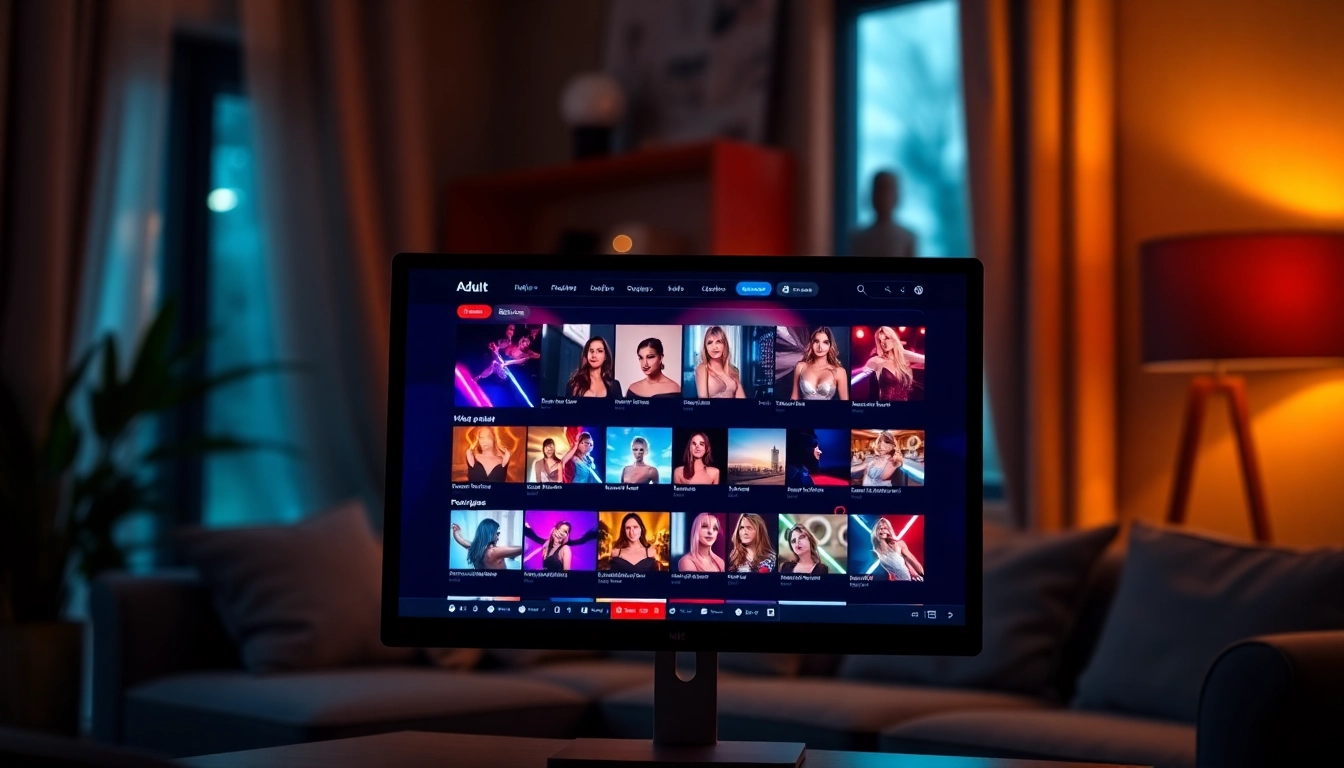 Computer monitor displaying an adult entertainment website homepage with colorful thumbnails and sleek design.