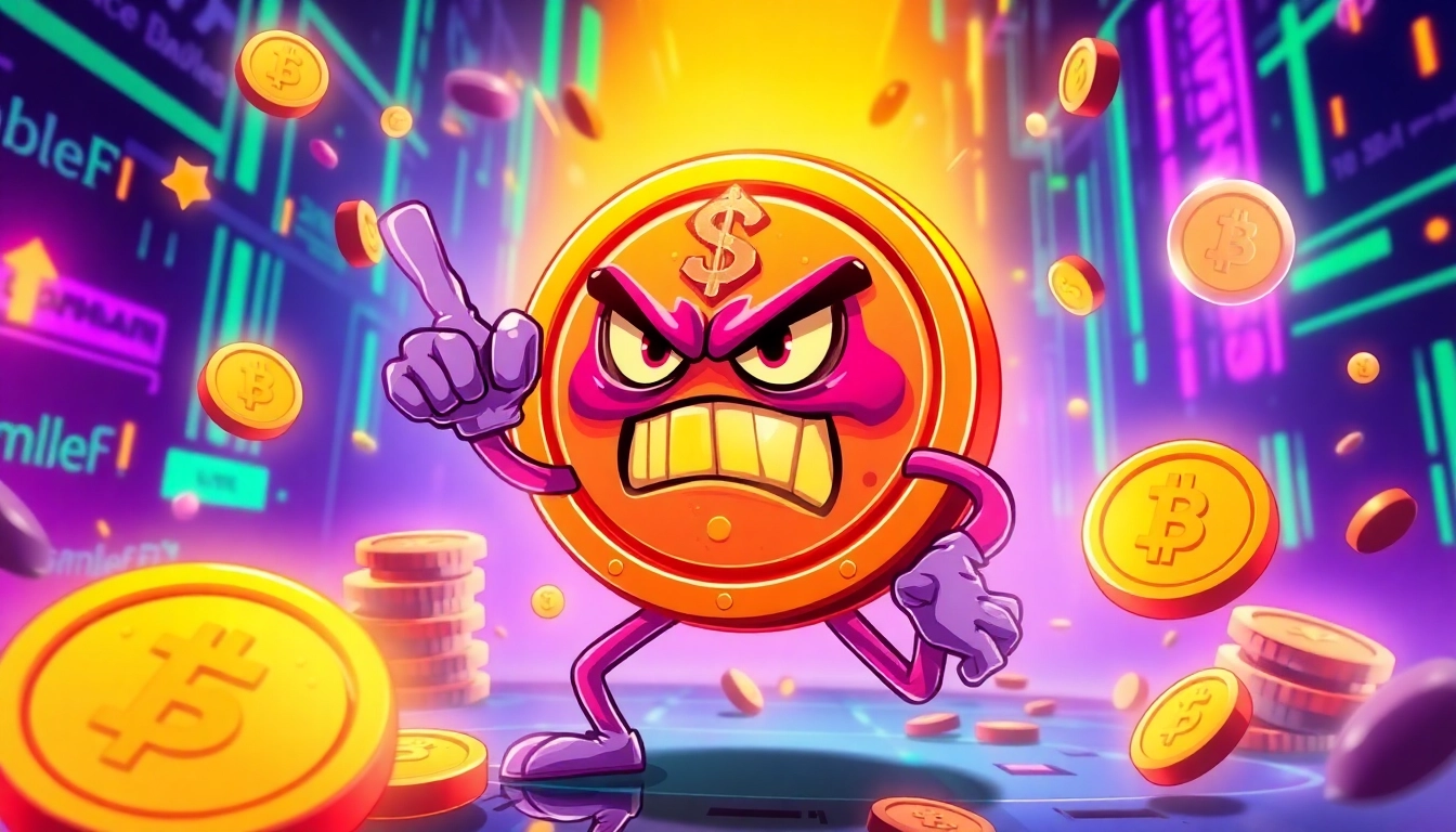 Buy Pepe Meme Coin with vibrant scene of Angry Pepe Fork, blockchain graphics, and GambleFi